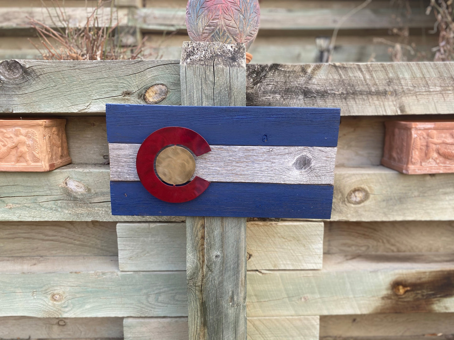 Colorado Flag on Reclaimed Wood with Metal 'C'