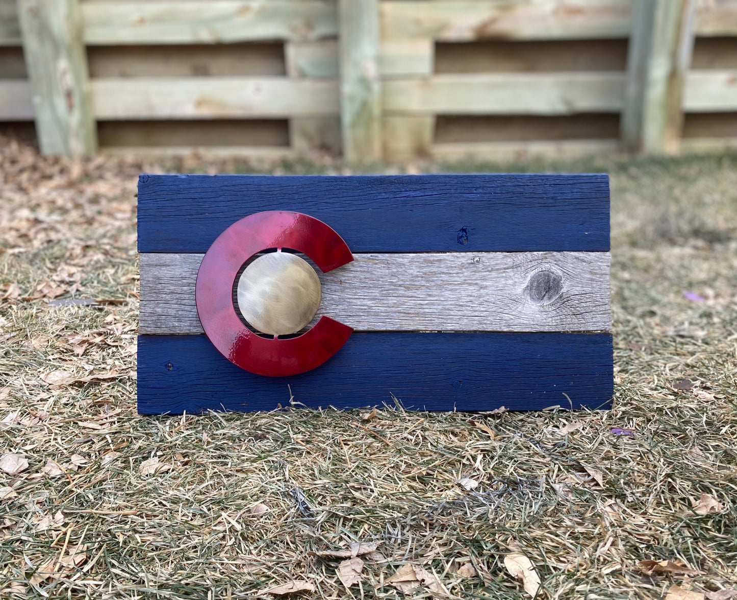Colorado Flag on Reclaimed Wood with Metal 'C'
